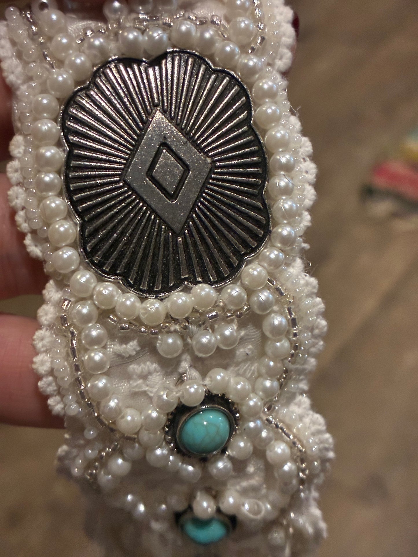 Bespoke pearl and turquoise western boho bridal belt /sash built on lace and ivory satin- hand beaded