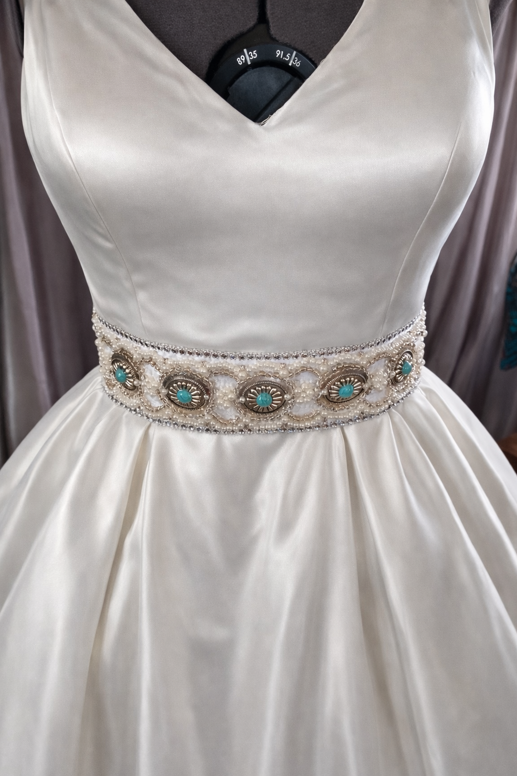 Hand beaded Bespoke Turquoise & Pearl Bridal belt/sash - western