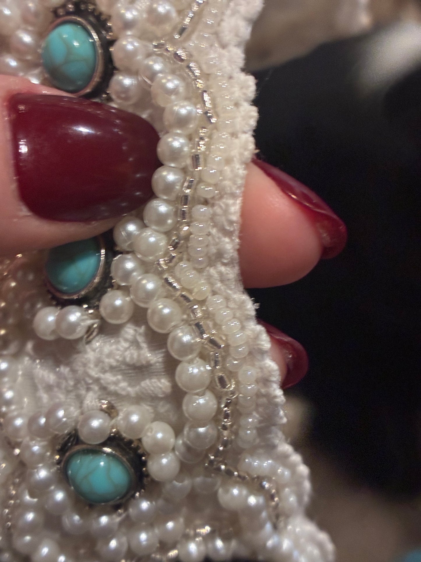 Bespoke pearl and turquoise western boho bridal belt /sash built on lace and ivory satin- hand beaded