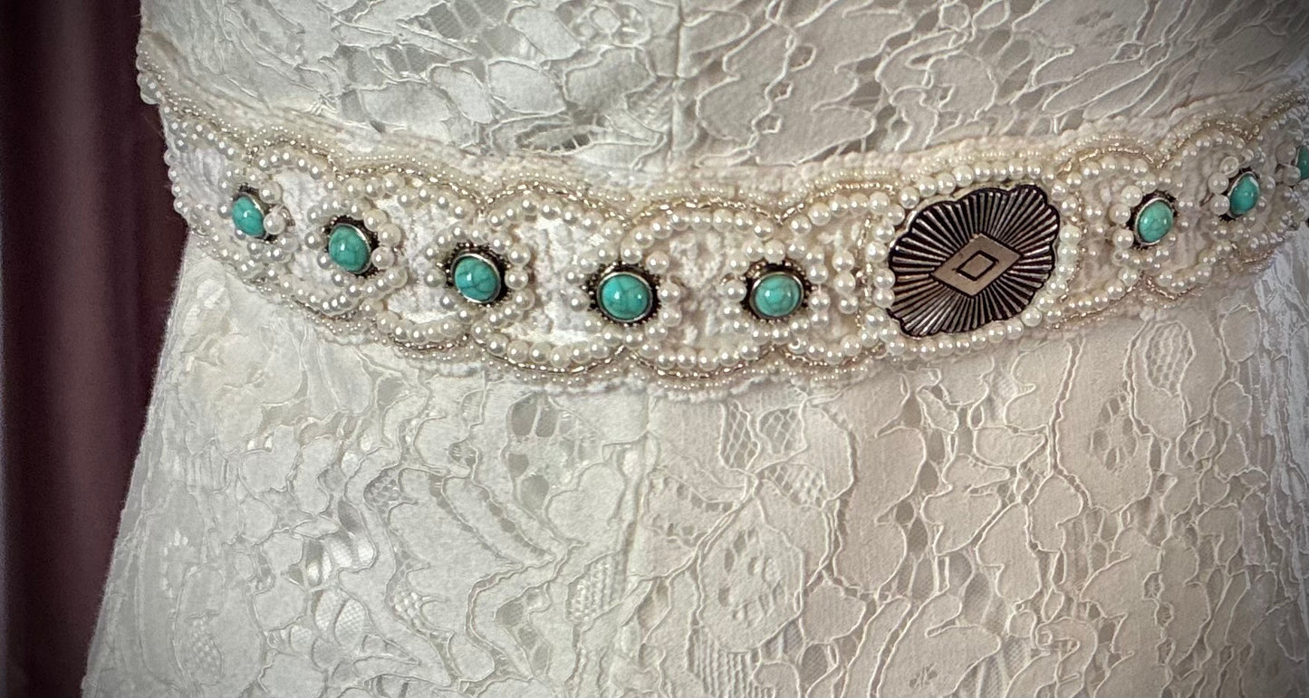 Bespoke pearl and turquoise western boho bridal belt /sash built on lace and ivory satin- hand beaded