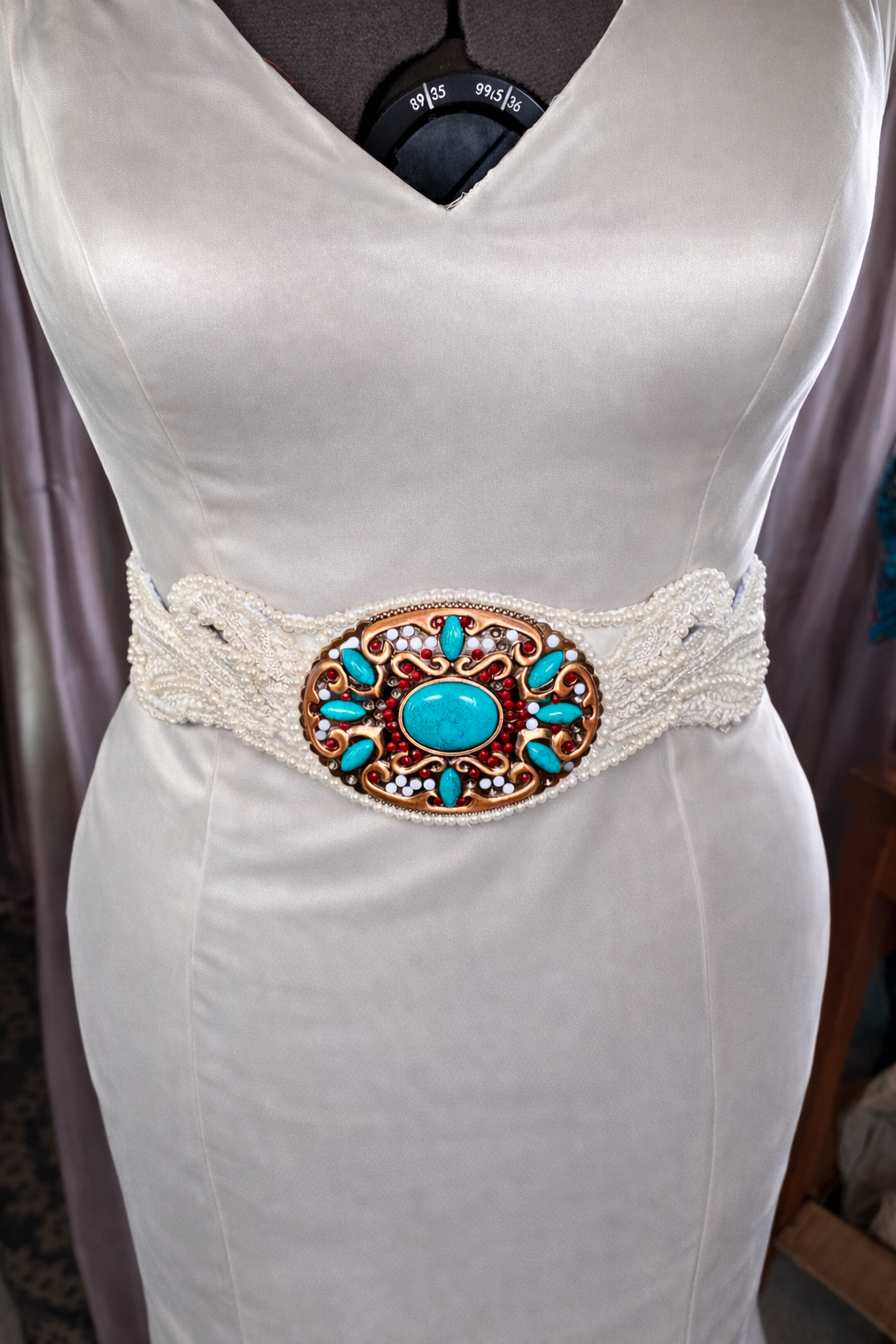 Bespoke Western Boho bridal belt/sash with turquoise buckle and pearls