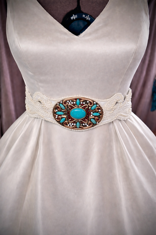 Bespoke Western Boho bridal belt/sash with turquoise buckle and pearls