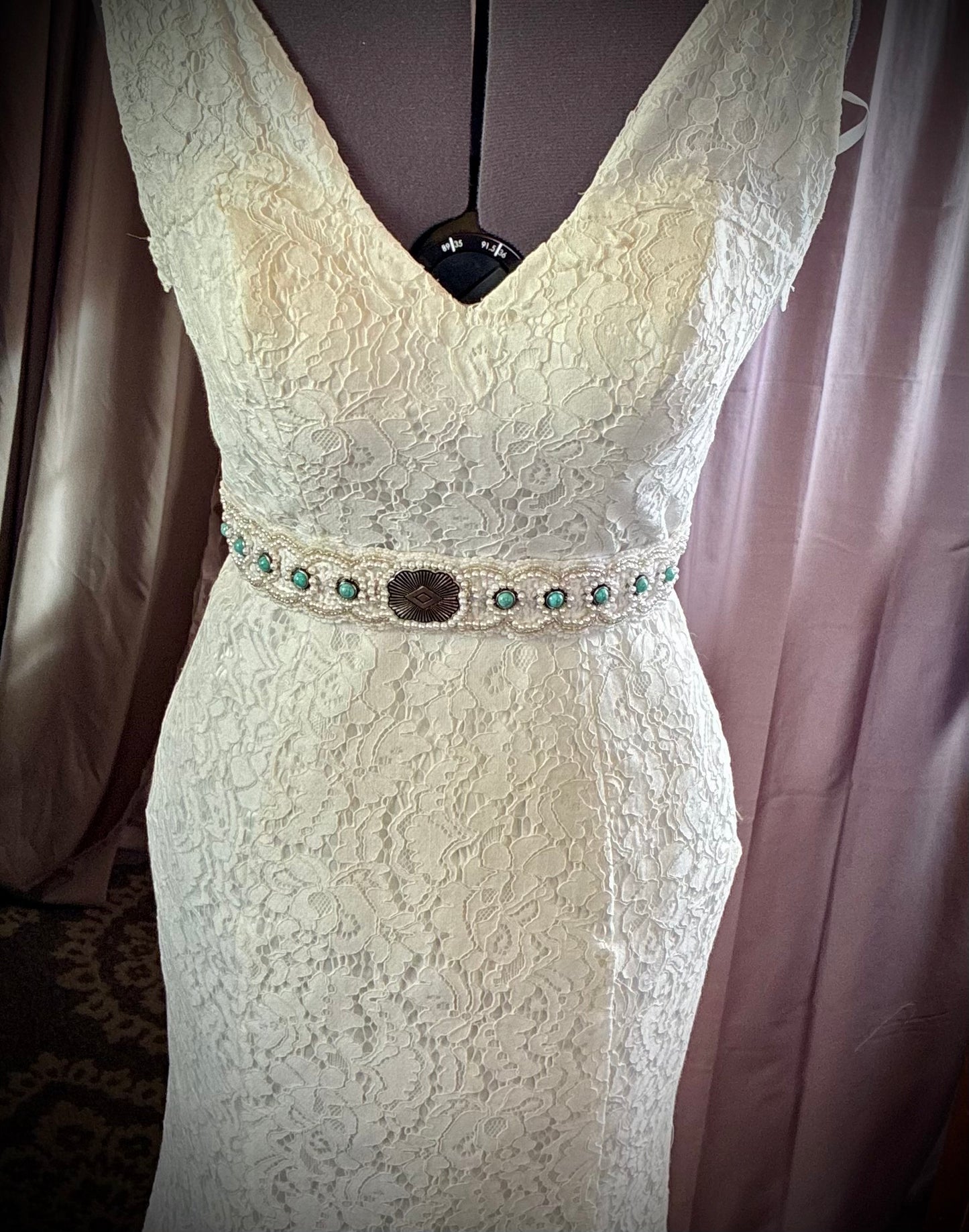 Bespoke pearl and turquoise western boho bridal belt /sash built on lace and ivory satin- hand beaded