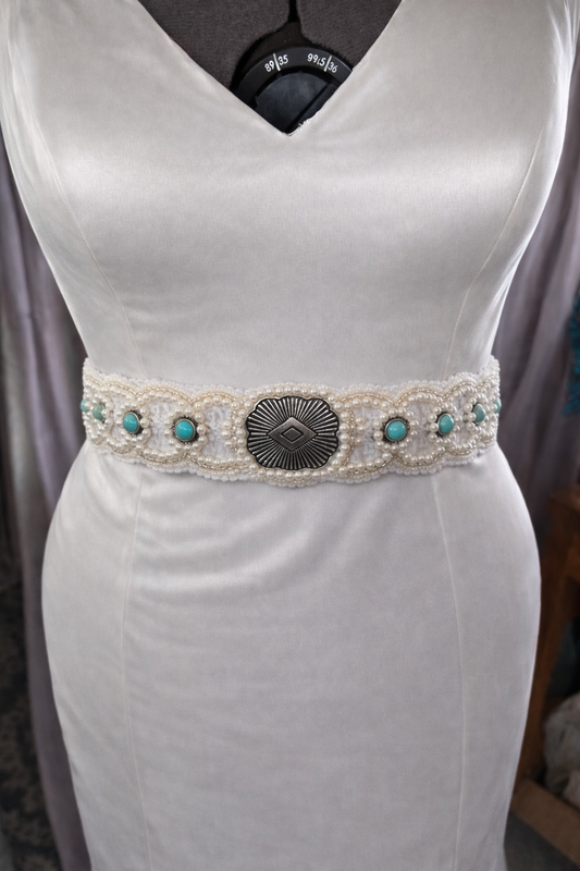 Bespoke pearl and turquoise western boho bridal belt /sash built on lace and ivory satin- hand beaded