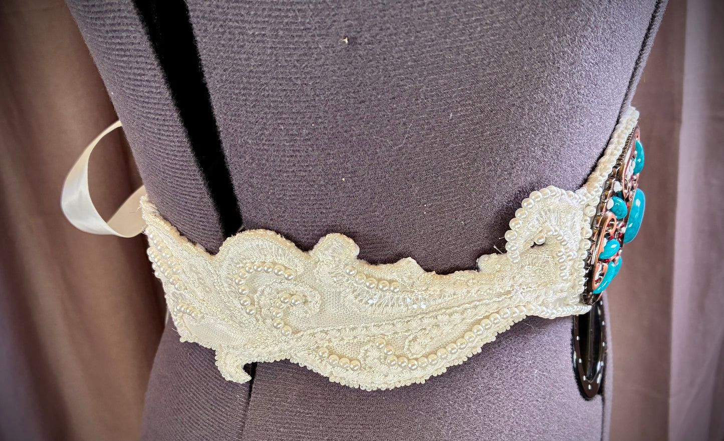 Bespoke Western Boho bridal belt/sash with turquoise buckle and pearls
