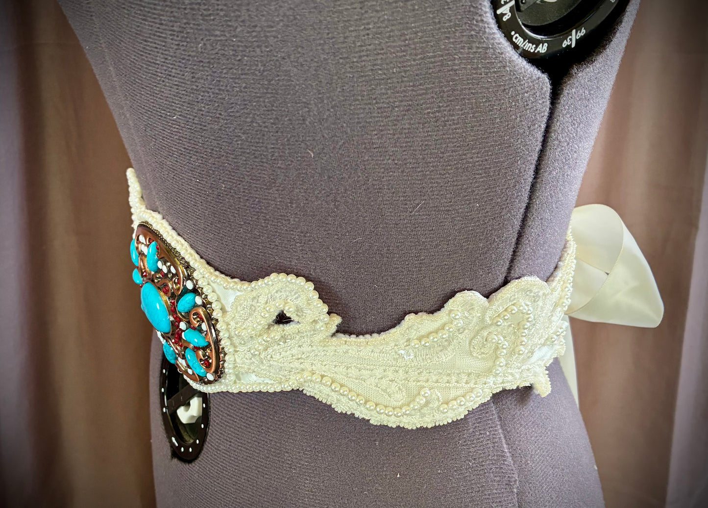 Bespoke Western Boho bridal belt/sash with turquoise buckle and pearls