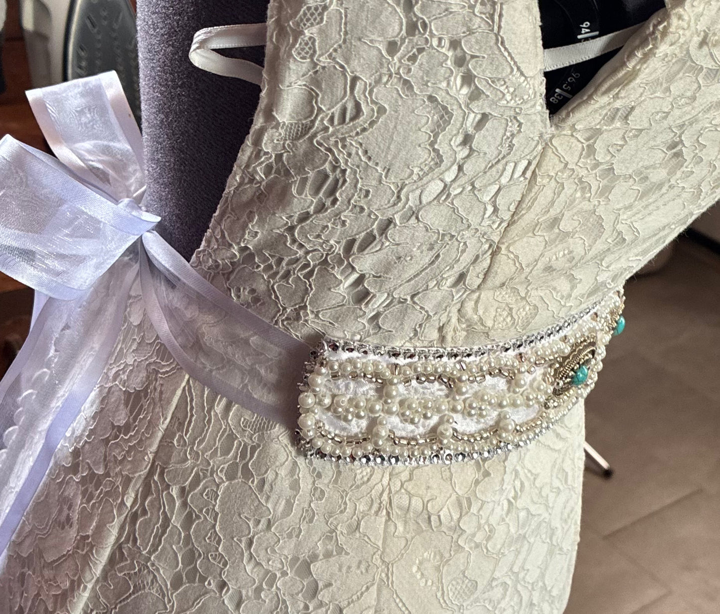 Hand beaded Bespoke Turquoise & Pearl Bridal belt/sash - western