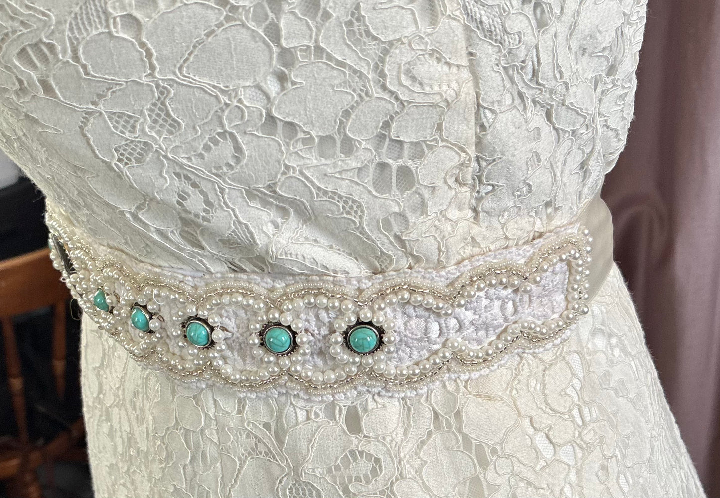 Bespoke pearl and turquoise western boho bridal belt /sash built on lace and ivory satin- hand beaded