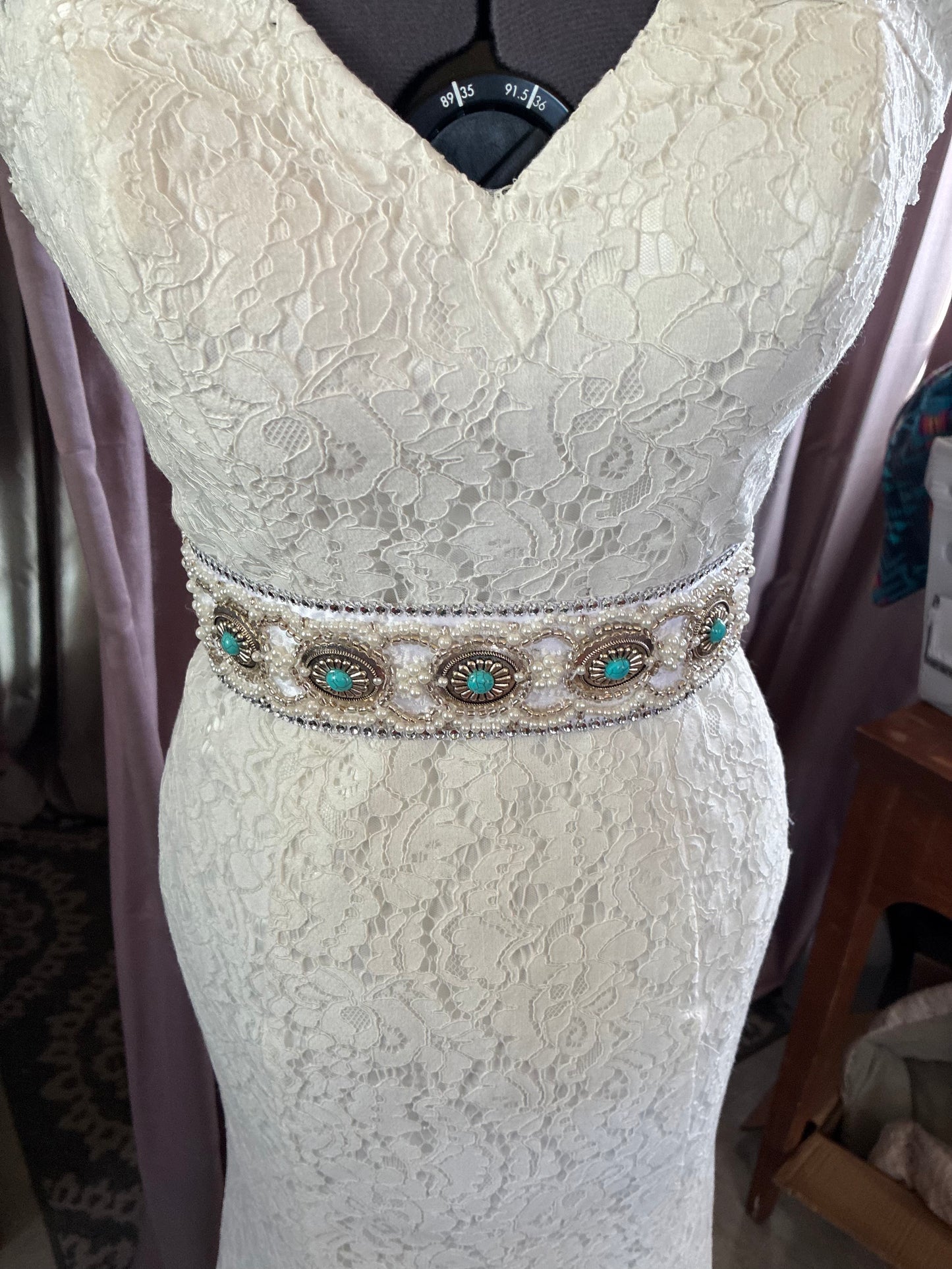 Hand beaded Bespoke Turquoise & Pearl Bridal belt/sash - western