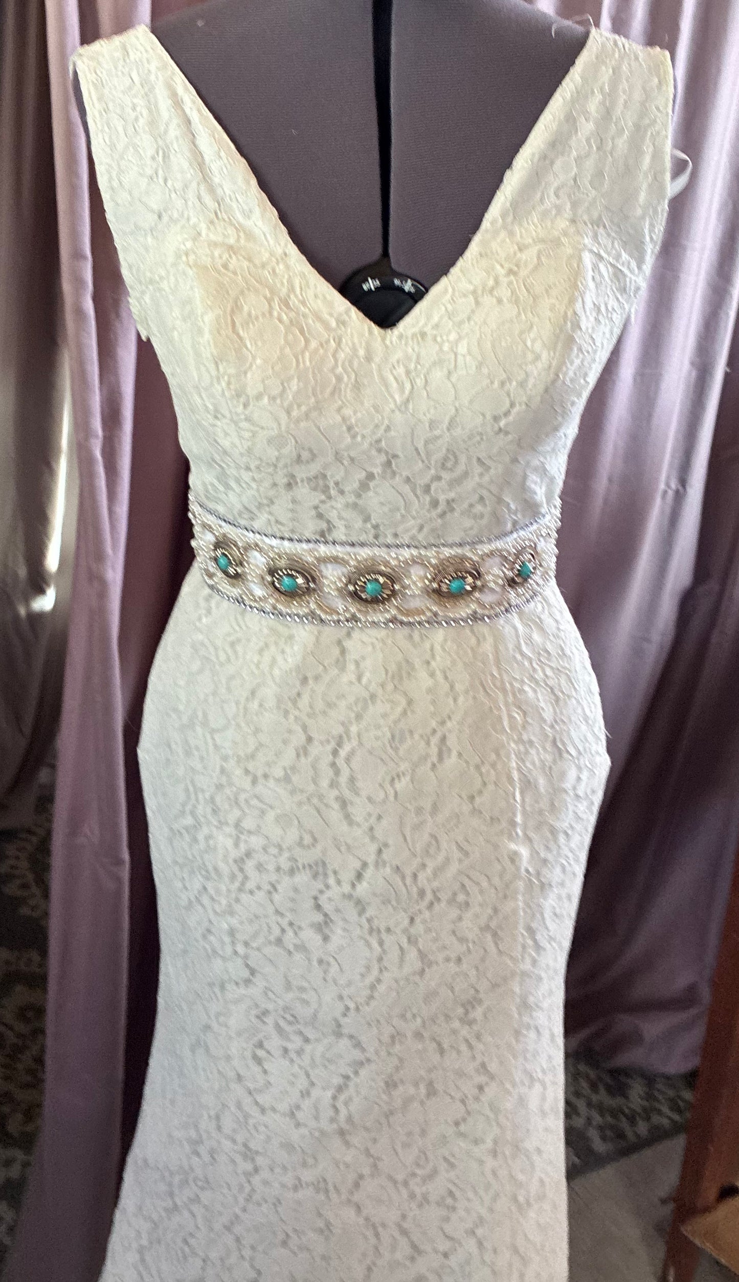 Hand beaded Bespoke Turquoise & Pearl Bridal belt/sash - western