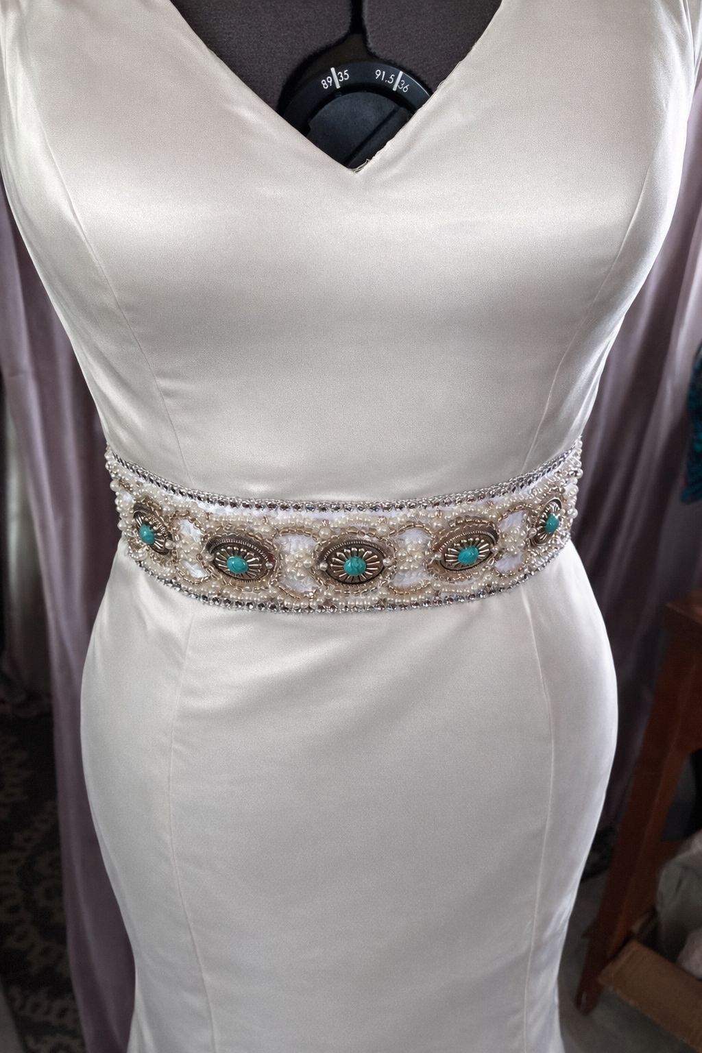 Hand beaded Bespoke Turquoise & Pearl Bridal belt/sash - western