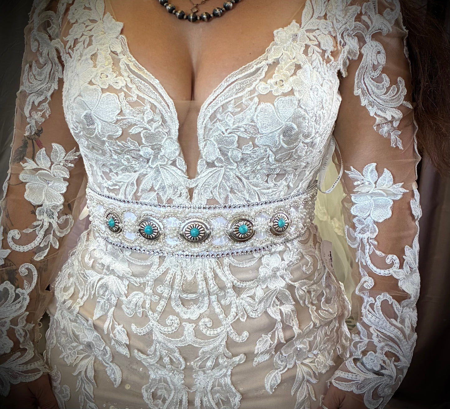 Hand beaded Bespoke Turquoise & Pearl Bridal belt/sash - western